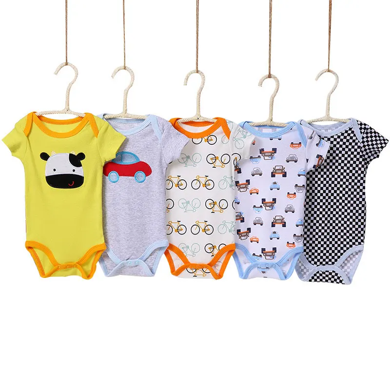 

[5Pcs/lot Random Color] Summer Baby Bodysuits Cotton Short Sleeve Newborn Baby Clothes Cartoon Print Toddler Costume 0-24 Months