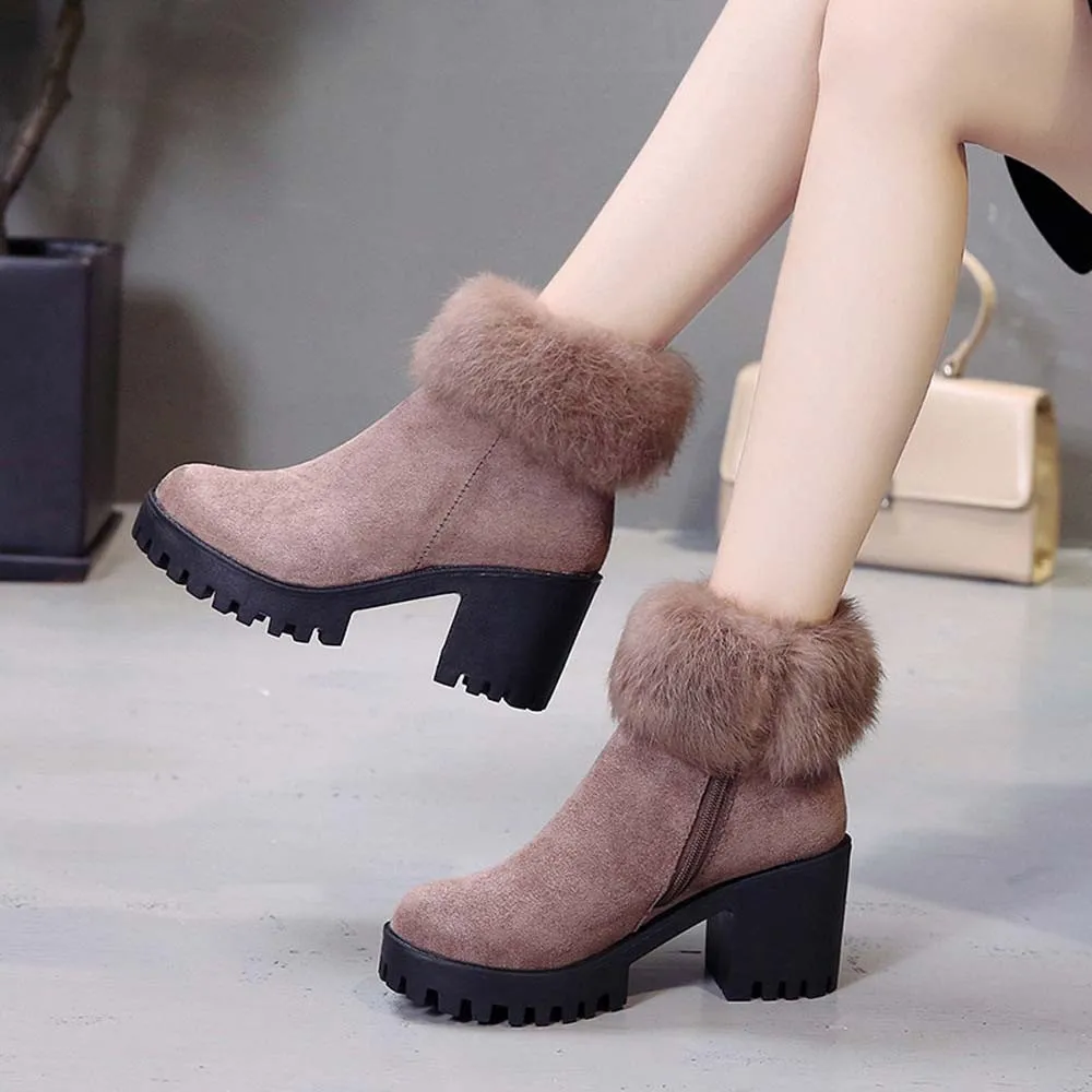 

Fashion Women's Winter Short Boots Plus Velvet Ankle Booties High Heel Warm With Thick Boots Non-slip Boots Shoe For Ladies