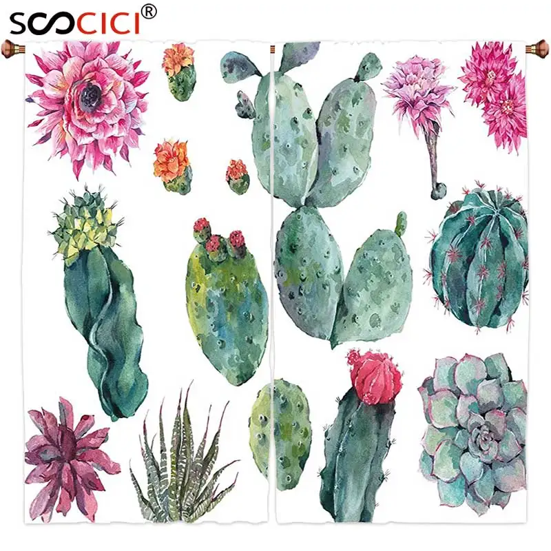 

Window Curtains Treatments 2 Panels,Nature Decor Desert Botanic Herbal Cartoon like Cactus Plant Flower with Spikes Print Green