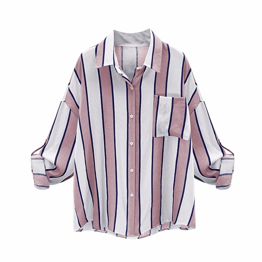 Женская блузка в полоску летняя с длинным рукавом большого размера|chemise femme|striped