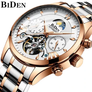 

Top Brand BIDEN Mens Automatic Mechanical Fashion Sports Watches Tourbillon Moon Phase Stainless Steel Watch Relogio Masculino