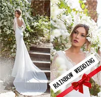 V-Neck Dress Sexy Wedding dress 2014 vestido de noiva Long Sleeves White Chiffon Floor length Backless Dress JV7171