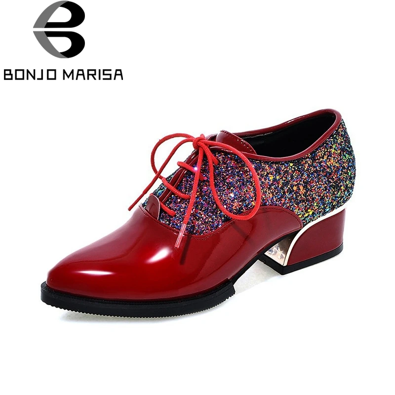 

BONJOMARISA 2020 Spring Autumn New Fashion Bling Women Pumps Lace Up Platform Shoes Woman Big Size 34-43 Med Heels Footwear