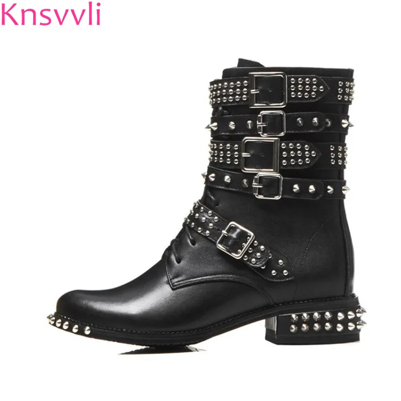 

Knsvvli rivets martin boots woman genuine leather punk black belt buckle women motorcycle boots lace up flat short boots