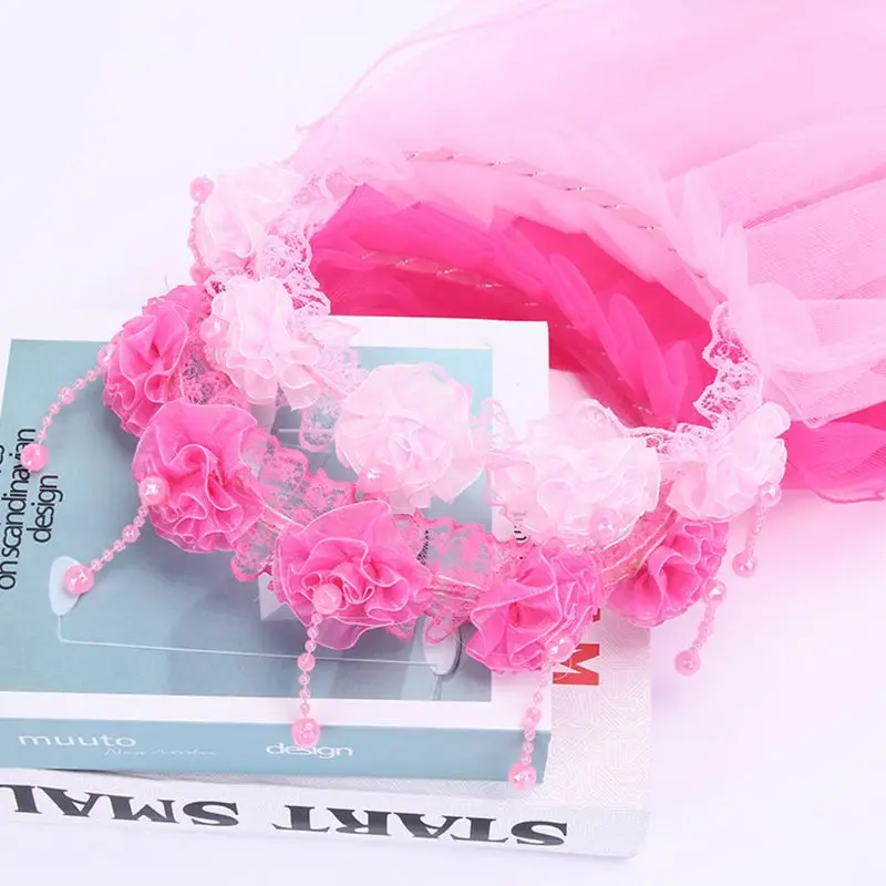 

Girls Wedding Hairband 2 Tier Mesh Veil Wreath Crown Lace Flower Imitation Pearl Tassels Dancing Party First Communion Headband