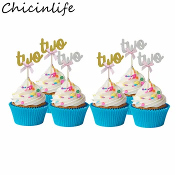 

Chicinlife 5Pcs Gold/Silver Bow Two Cupcake Toppers Birthday Party Baby Shower Boy Girl 2nd Birthday Cake Decoration Supplies