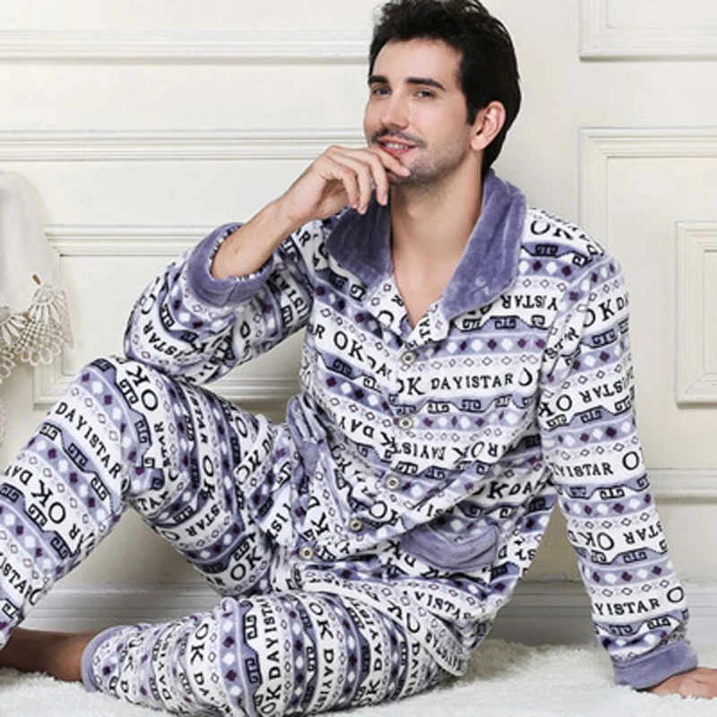 Men Sleepwear Winter Keep Warm Thick Coral Fleece Men Pajama Sets of