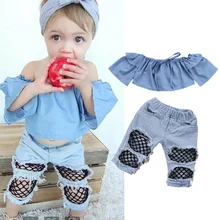 Комплект одежды для маленьких девочек, синие топы с открытыми плечами, джинсовые джинсы с дырками, комплект одежды для девочек, летняя и осенняя одежда, 2 предмета