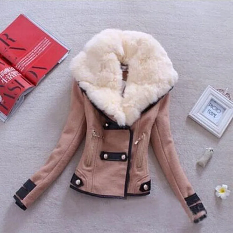 

2016 Autumn Winter Jacket Women Short Faux Lamb Fur Collar Jacket Outerwear Casual Women Coat FS0328