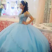 Пышные светло-голубые платья с открытыми плечами бальное платье на бретельках Vestidos De 15 Anos, фатиновое платье с бисером и кристаллами