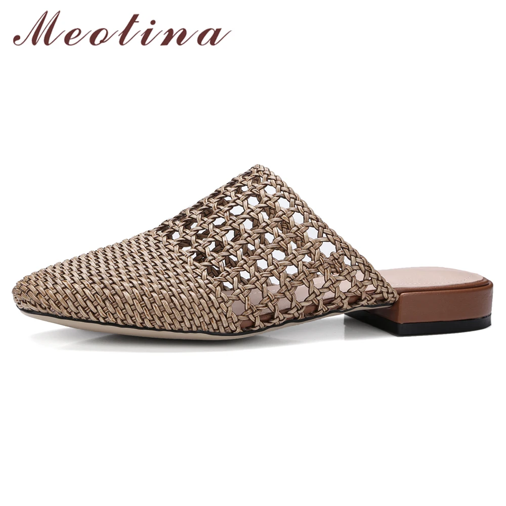 

Meotina Women Slippers Summer Shoes Glitter Cutout Fashion Sandals Square Toe Low Heel Shoes Lady Footwear Silver Big Size 33-43