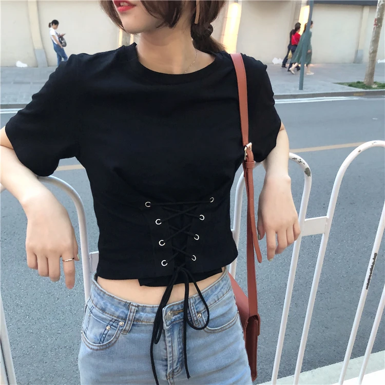 

Women O-neck Short Sleeve Lace Up Cropped T-shirts Girls Crop Tops Stretchy Tee Shirts For Woman