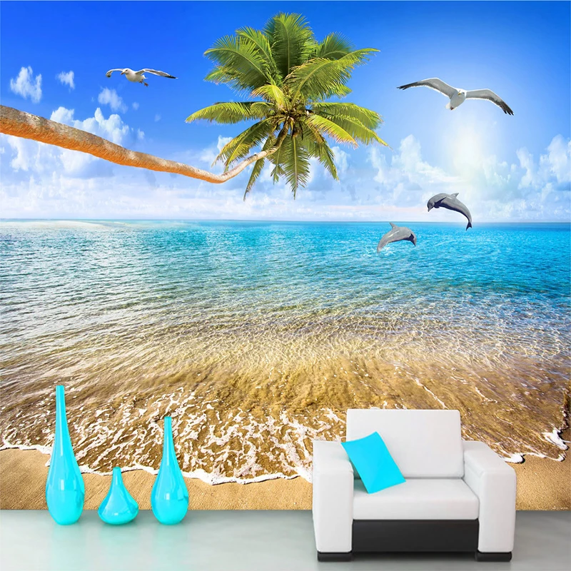 Custom Wall Cloth Sandy Beach Coconut Trees Dolphin Sea View 3d Photo Wallpaper For Living Room