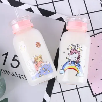

280ml Cute Cartoon Unicorn Glass Water Bottle Girls Straw Drink Bottles Women Office Milk Coffee Tea Bottles