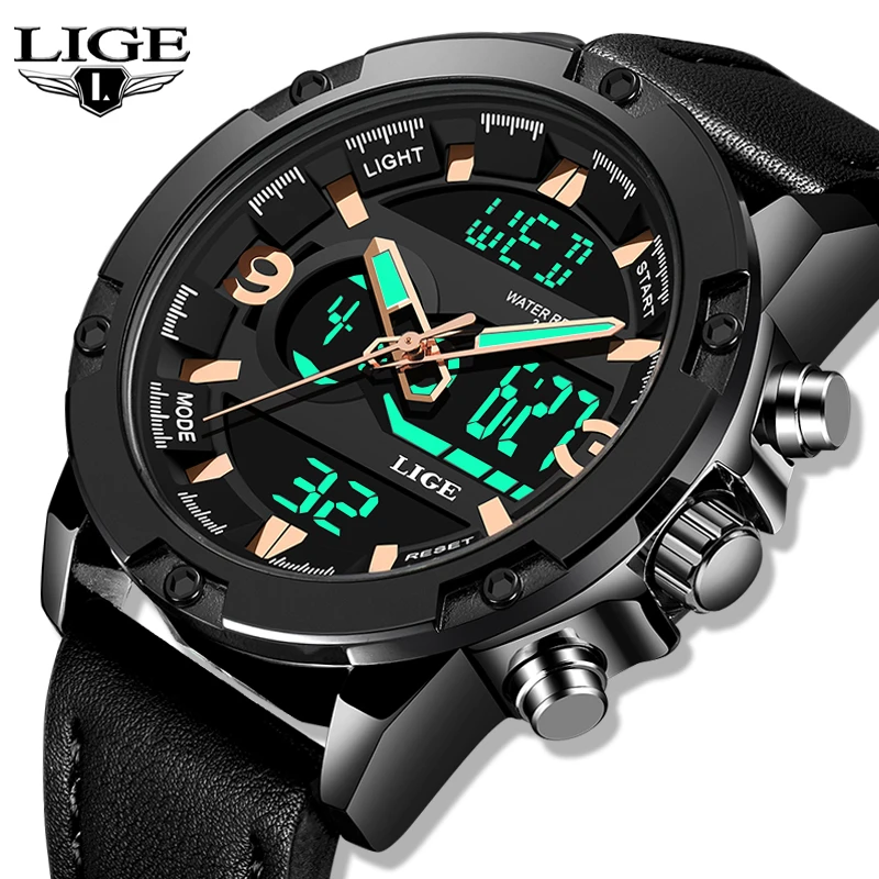 

2019 LIGE New Business Mens Watches Top Luxury Brand Sports Men Watch Dual Display Leather Waterproof Watches Relogio Masculino