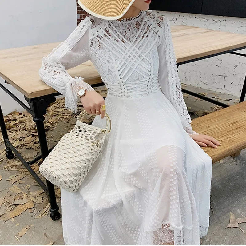 white TWOTWINSTYLE, кружевное длинное платье с вышивкой, женские повязки в стиле пэчворк, высокая талия, длинный рукав, женские платья, элегантные, весна, новинка - Цвет: white