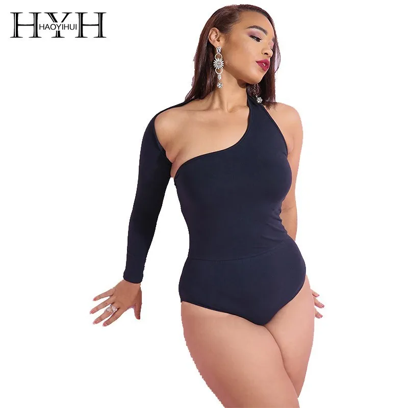 

HYH Haoyihui Plus Size Simplicity Sexy Single Shoulder Winding Backless Long Sleeves Tight Fitting Solid Color Summer Jumpsuit