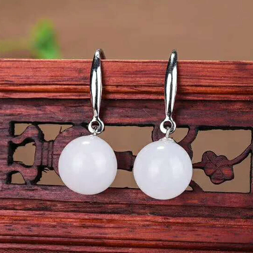 Drop Shipping Real 925 Sterling Silver Drop Earrings Ear Pin Natural Round Jade Handmade Fine Jewelry For Women Wedding Earrings