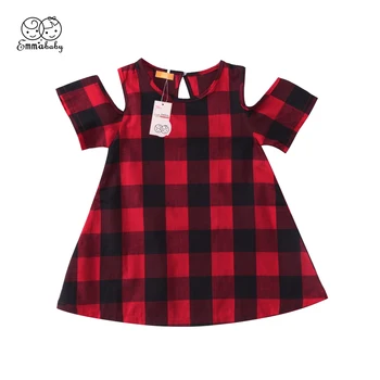 

2018 new summer Fashion Kids Baby Girl Short Sleeve cold shoulder Tartan Plaid dress Casual Party Wedding sweet kid mini Dresses