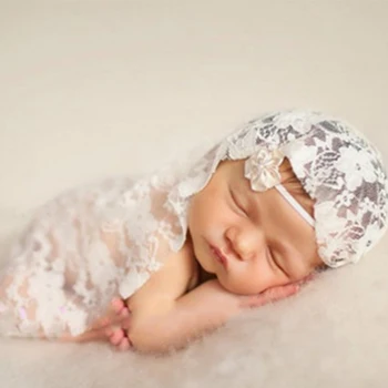 

2019 Newborn Lace Embroidery Baby Photography Wraps Blanket Props Photo Wraps Lace Scarf with Flower Headband