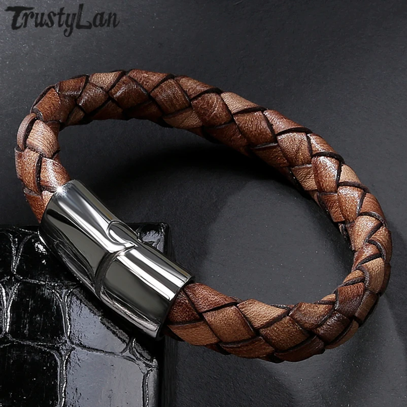 

TrustyLan Vintage Male Jewelry Braided Leather Wrap Men Bracelet Stainless Steel Rope Chain Best Friends Mens Bracelets Armband