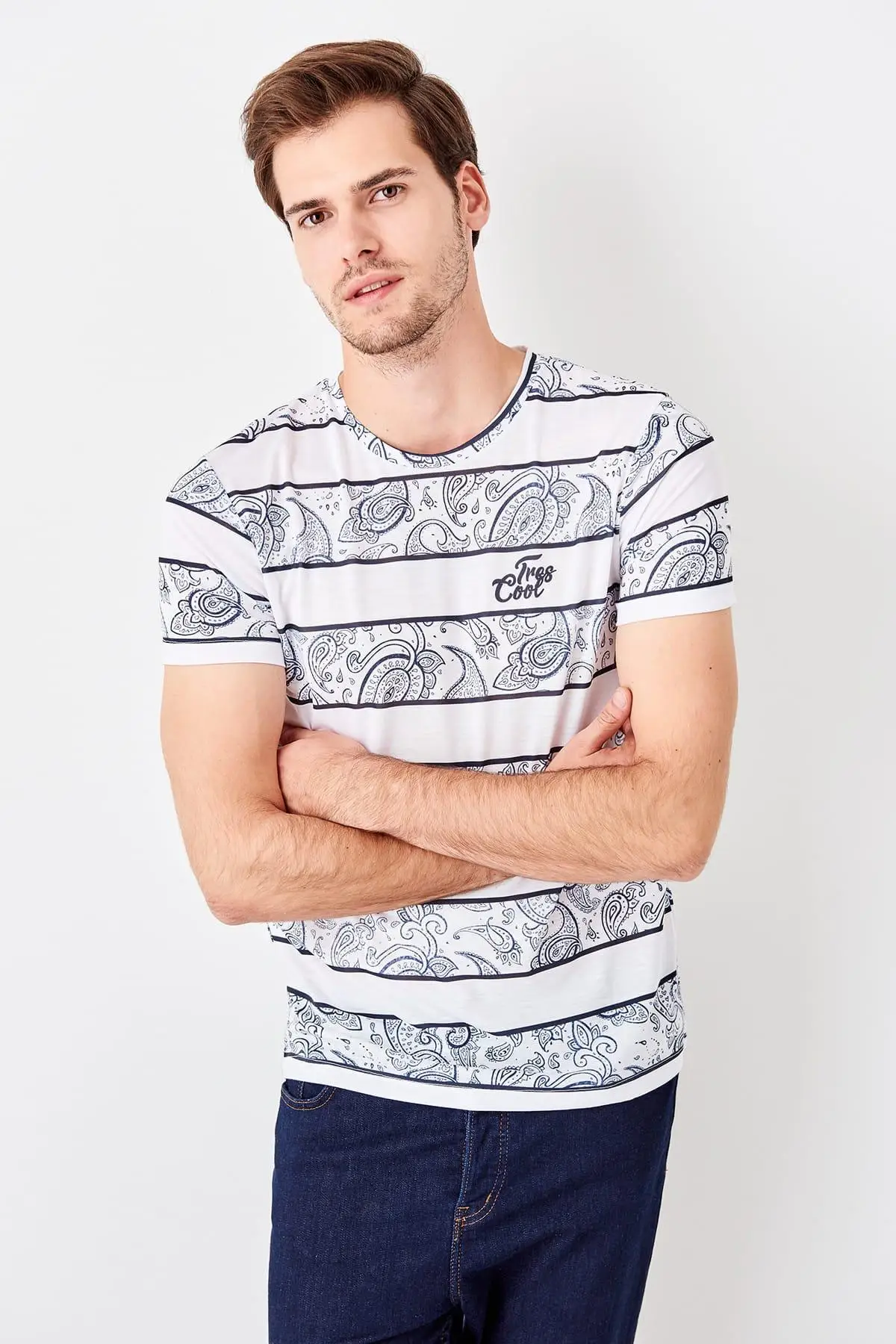 Trendyol белая мужская полосатая печатная новая футболка TMNSS19TS0552 | Мужская одежда