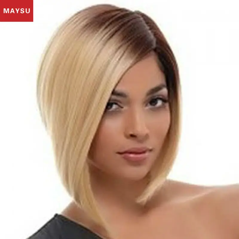 

MAYSY Prevailing Long Synthetic Wigs For Black Women Synthetic Bob Wigs With Bangs Ombre Brown Long Bob Hairstyles For Women