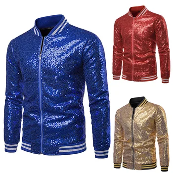 

New Fashion Men Jacket Stagewear Clothes Bright Costume Party Outwear Coat Long Sleeve Outwear Coat Black Red Purple Gold S-XXL