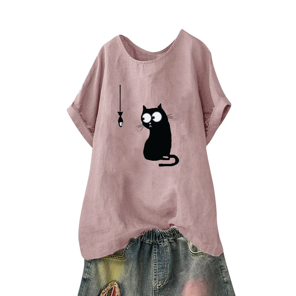 

FREE OSTRICH Women Shirts Loose Cat Print Plus Size Casual Beach Vintage Funny O-Neck Pink Trend Elegant Summer Blouse Shirts
