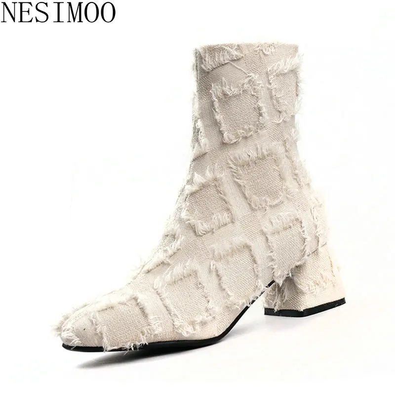 

NESIMOO 2019 Fashion Women Ankle Boots Denim High Heel Zipper Round Toe All Match Western Fashion All Match Shoes Size 34-39