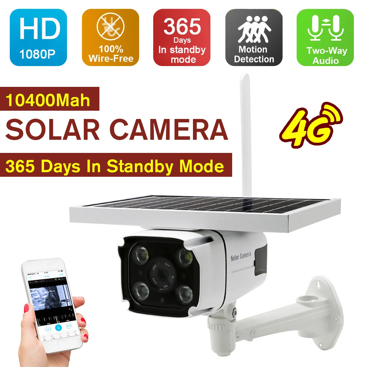 

2MP 1080P HD Waterproof 4G Solar Camera 365 Days Standby with 10400mah Battery Outdoor Solar Camera with Speaker Night Vision