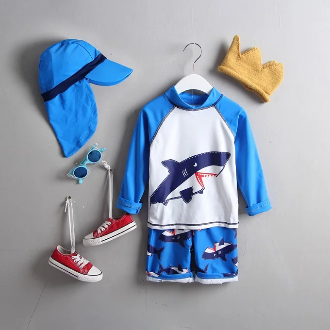 Брендовый купальный костюм для маленьких мальчиков из двух предметов, комплект штанов с длинными рукавами и принтом акулы, синий детский купальник, купальные костюмы - Цвет: Синий