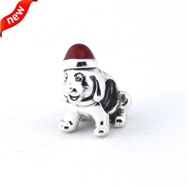 

QANDOCCI Fits For Pandora Braclets Christmas Puppy Charms with Red Enamel 100% 925 Sterling Silver Beads Free Shipping