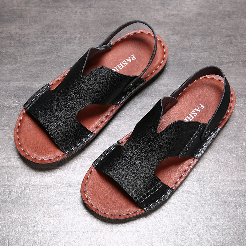 

100% Genuine Leather Shoes Men Sandals 2019 Cow Leather Mens Beach Sandals Flat Casual Men Shoes Black Male Holiday Shoes KA1302