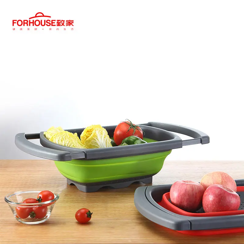 online Telescópica Dobrável Cesta de Drenagem de Silicone Acessórios de Cozinha Vegetais Fruit Coador Coador Com Extensível Alças