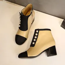 

Patchwork Genuine Leather Women Ankle Boots Mix Colors Peral Decor Buckle Zipper Booties Med Heels Woolen Cloth Elegant Shoes