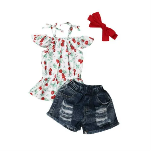 Fashion Toddler Kids Baby Bibs Girl 3Pcs Flowers Print Tops Hole Jeans Shorts Bowknot Headband Outfits Summer Children Set | Детская