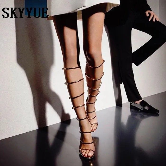 

2018 New Stiletto high heels gold/silver sandals gladiator knee high pumps sexy narrow band women party shoes for woman