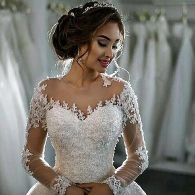 

Robe De Mariee Wedding Dress 2019 Puffy Ball Gown Long Sleeves Pearls Lace Tulle Bridal Gown Vestido De Noiva