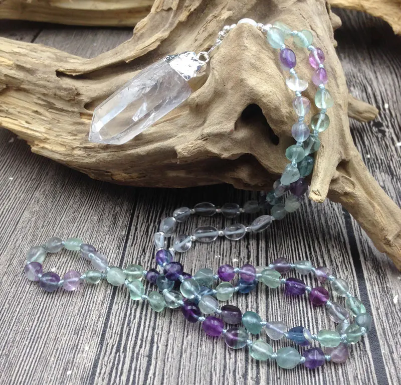 

YA3029 Rough Quartz Pendant Fluorites Nuggets Beads Knot Necklace