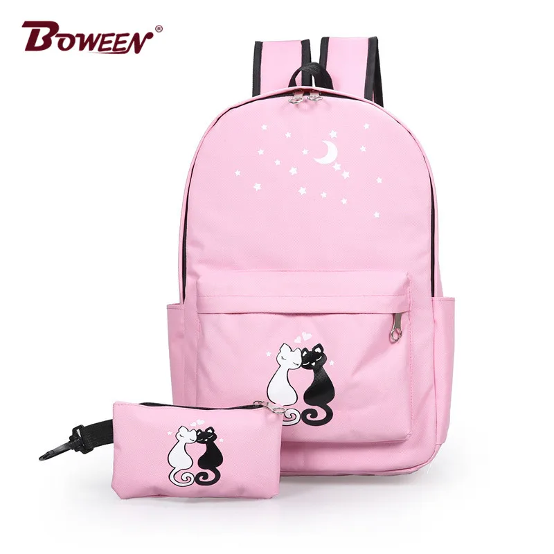

printing cute cat nylon women backpack schoolbag for girls teenage high school back pack female college wind casual bagpack new