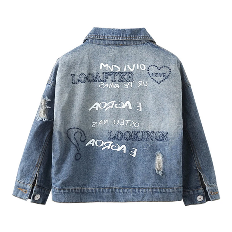 Rlyaeiz High Quality Fashion Hole Girls Denim Jacket 2019 Spring Cowboy Jackets Letter Printed Kids Short For 4-13Y | Детская одежда и