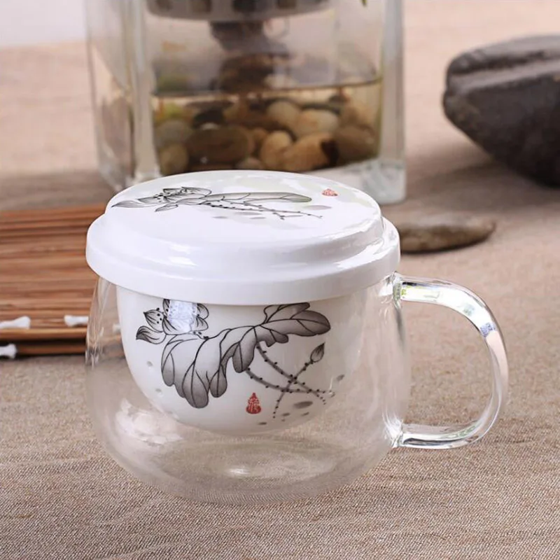 Высококачественная стеклянная чайная чашка с керамической крышкой и чайным фильтром в китайском стиле утренние кружки с ручкой 300 мл SH149