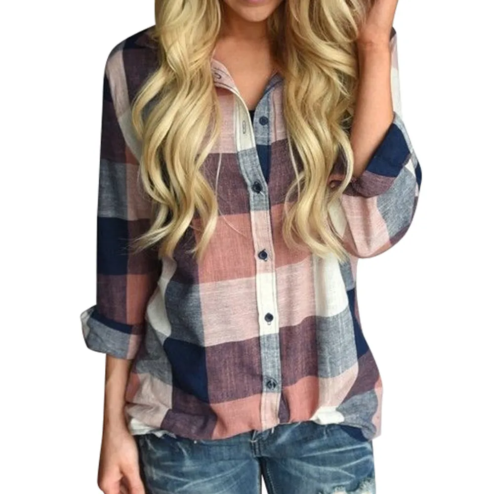 

Blouse Shirts For Women Casual Contrast Color Plaid Blusas Long Sleeve Button Turn Down Collar Pockets Streetwear Camisas Mujer