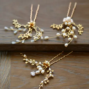 

3 pcs/set High quality gold leaf zircon crystal pearl hair stick bridal hair accessories