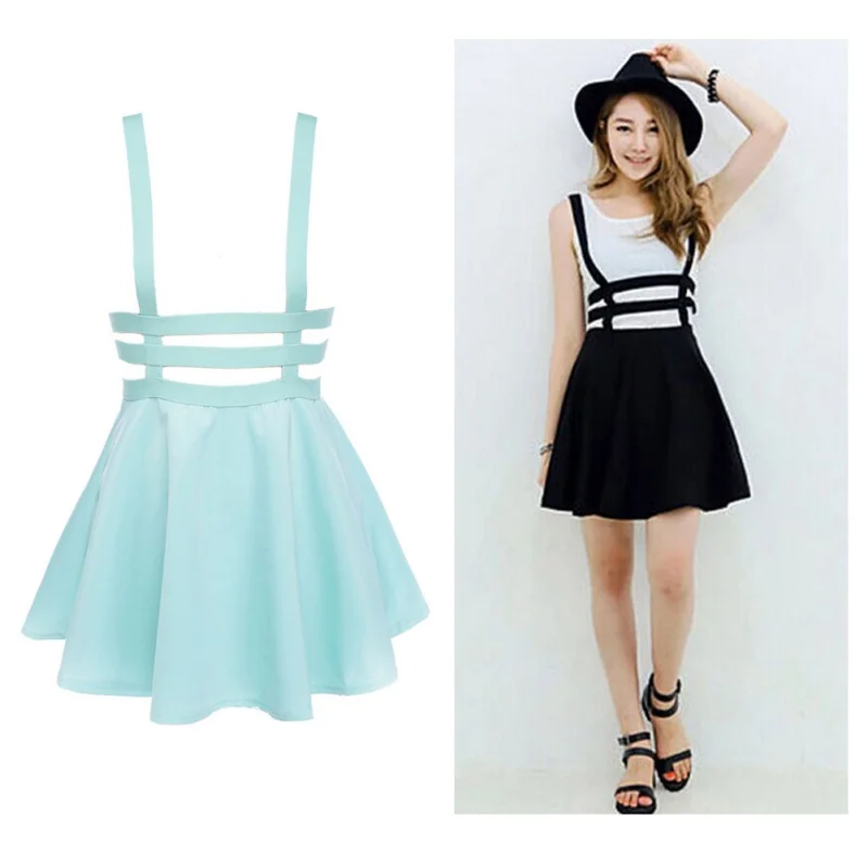 

Retro Hollow Out Women Skirt Ladies Skater Strap Cute Suspender Skirt Mini Kawaii Pleated Skirt