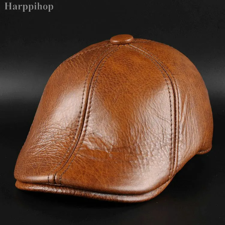 New men's leather leather cap in autumn and winter male Leather Hat Beret peaked cap warm cap