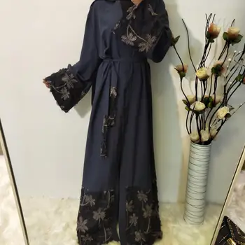 

Loose Plus Size Muslim Robe Mesh Embroidery Stitching Abaya Cardigan Long Coats Elegant Open Stitch Trench Coat Sashes TT1695