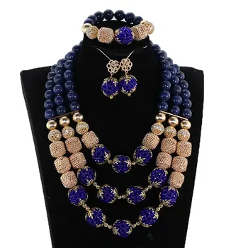 

New Navy Blue African Crystal Beaded Statement Necklace Set Dark Blue Nigerian Party Anniversary Women Jewelry Set WE208