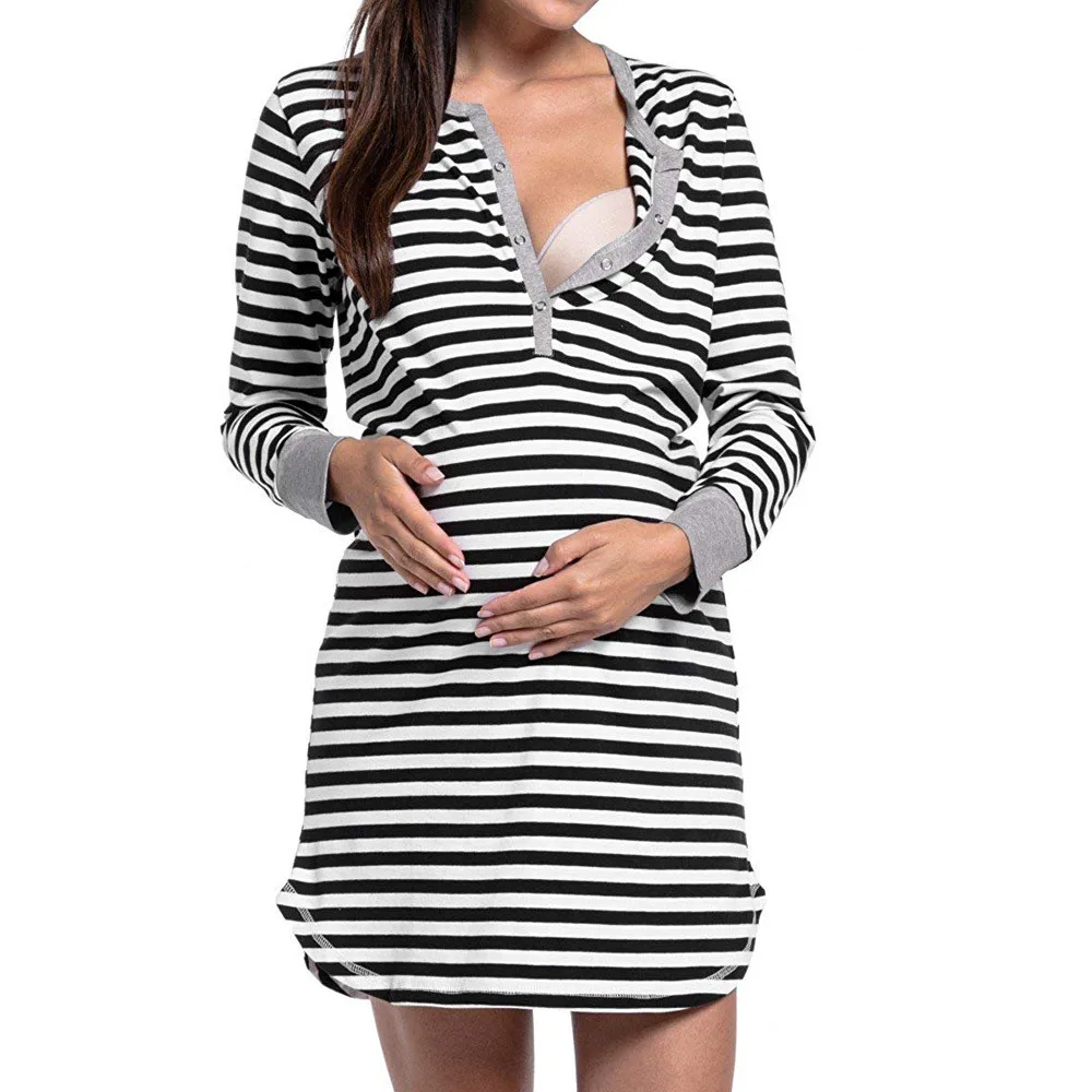 

Women's Long Sleeve Button Nursing Nightie Stripes Maternity Breastfeeding Dress plus size maternity clothing top grossesse